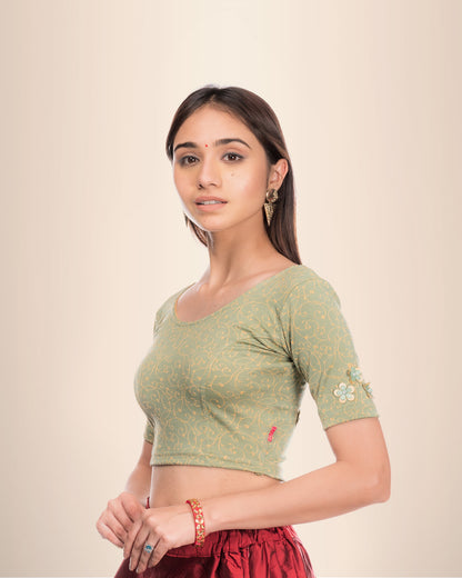 Taru Olive Applique Floral Embellished Jacquard Slip-On Blouse Advi