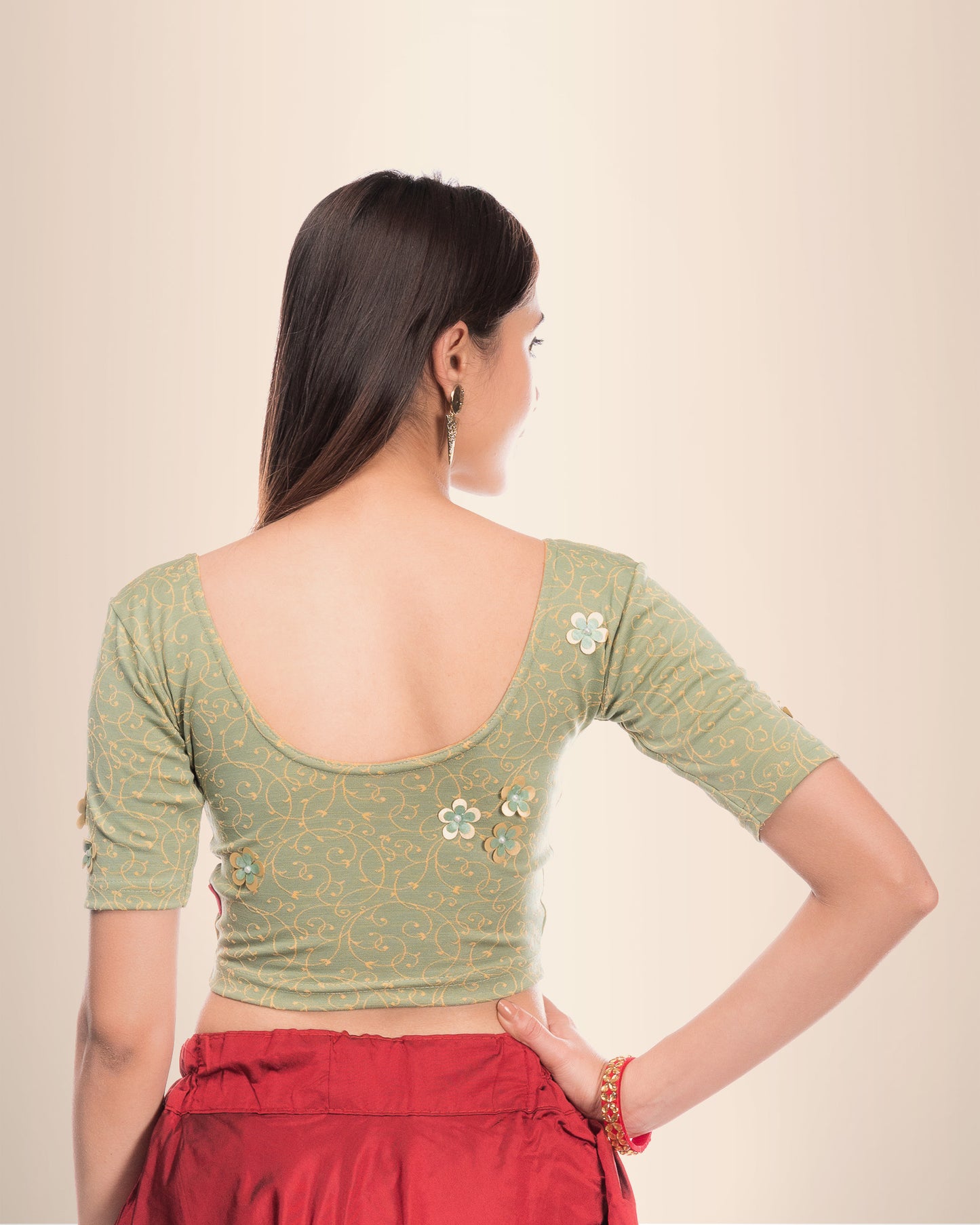 Taru Olive Applique Floral Embellished Jacquard Slip-On Blouse Advi