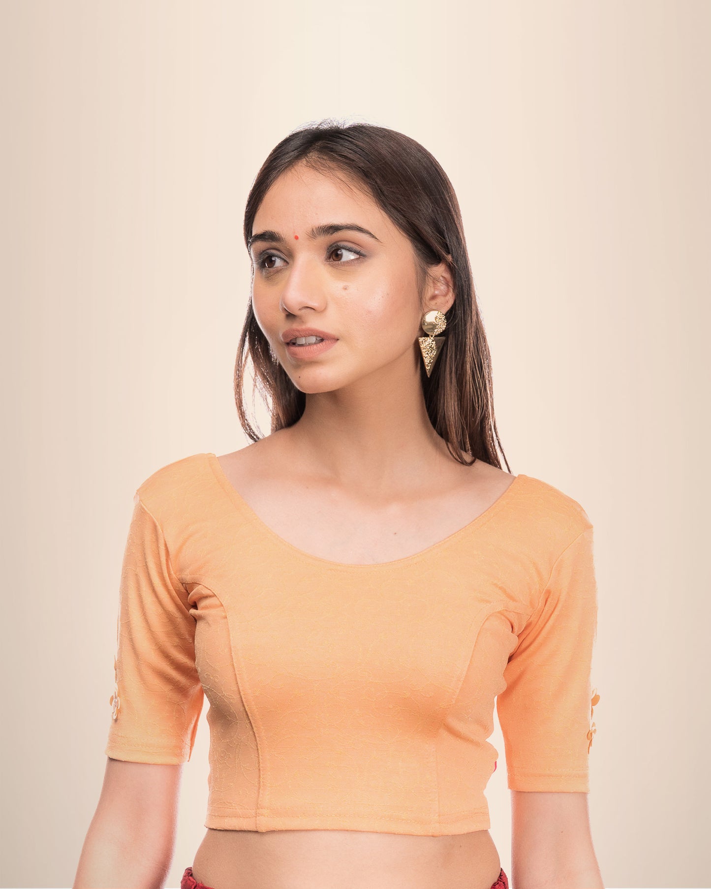 Taru Peach Applique Flowers Embellished Stretchable Blouse by Advi
