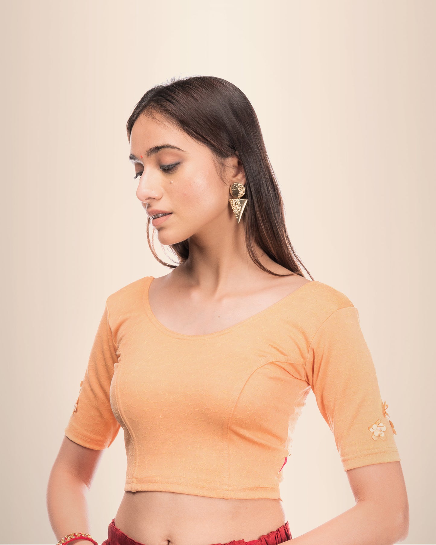 Taru Peach Applique Flowers Embellished Stretchable Blouse by Advi