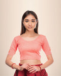 Taru Pink Applique Floral Embellished Slip-On Elbow Sleeve Blouse