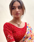 Taru Red Floral Applique Jacquard Blouse with Boat Neck by Advi