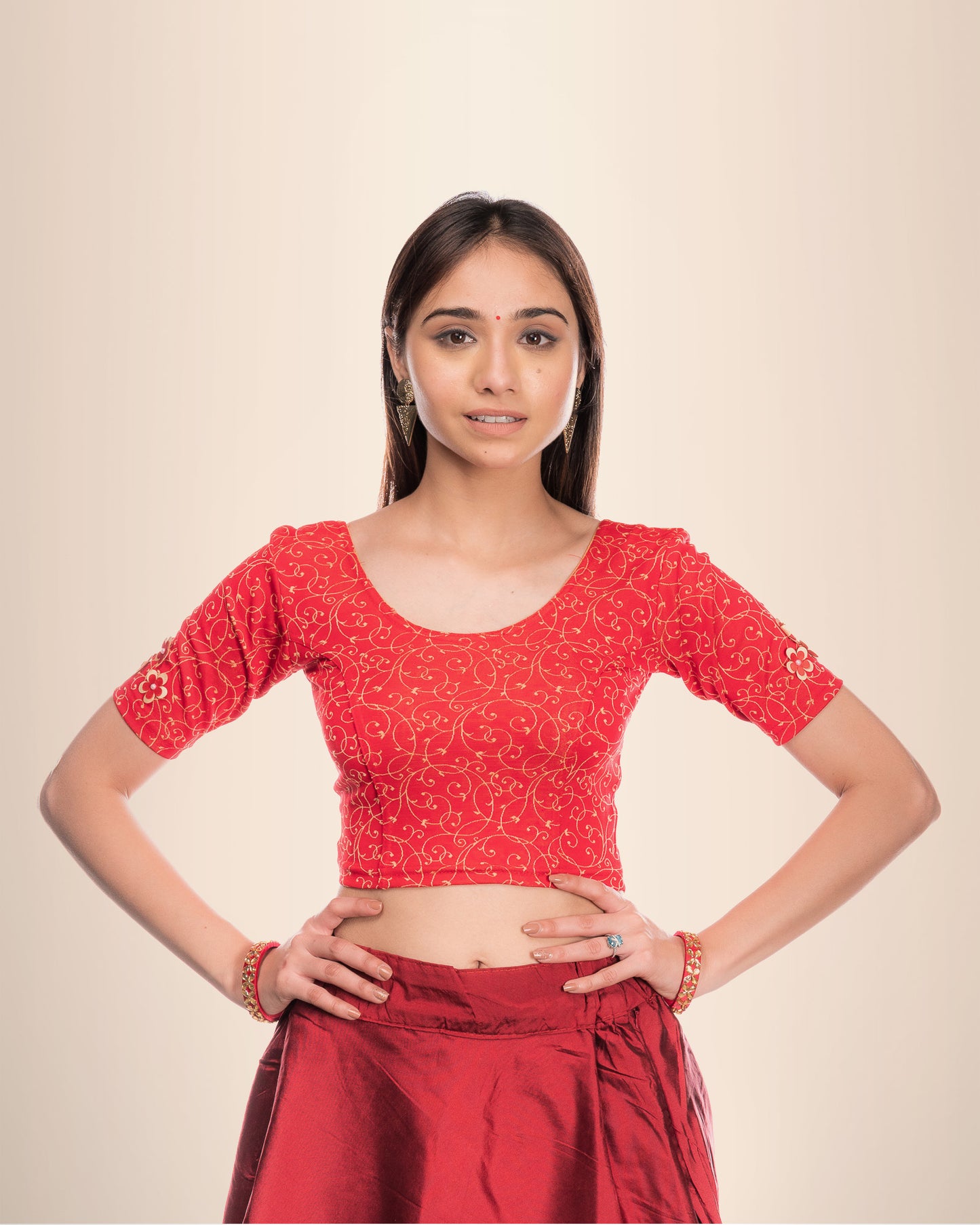 Taru Red Floral Applique Jacquard Blouse with Boat Neck by Advi