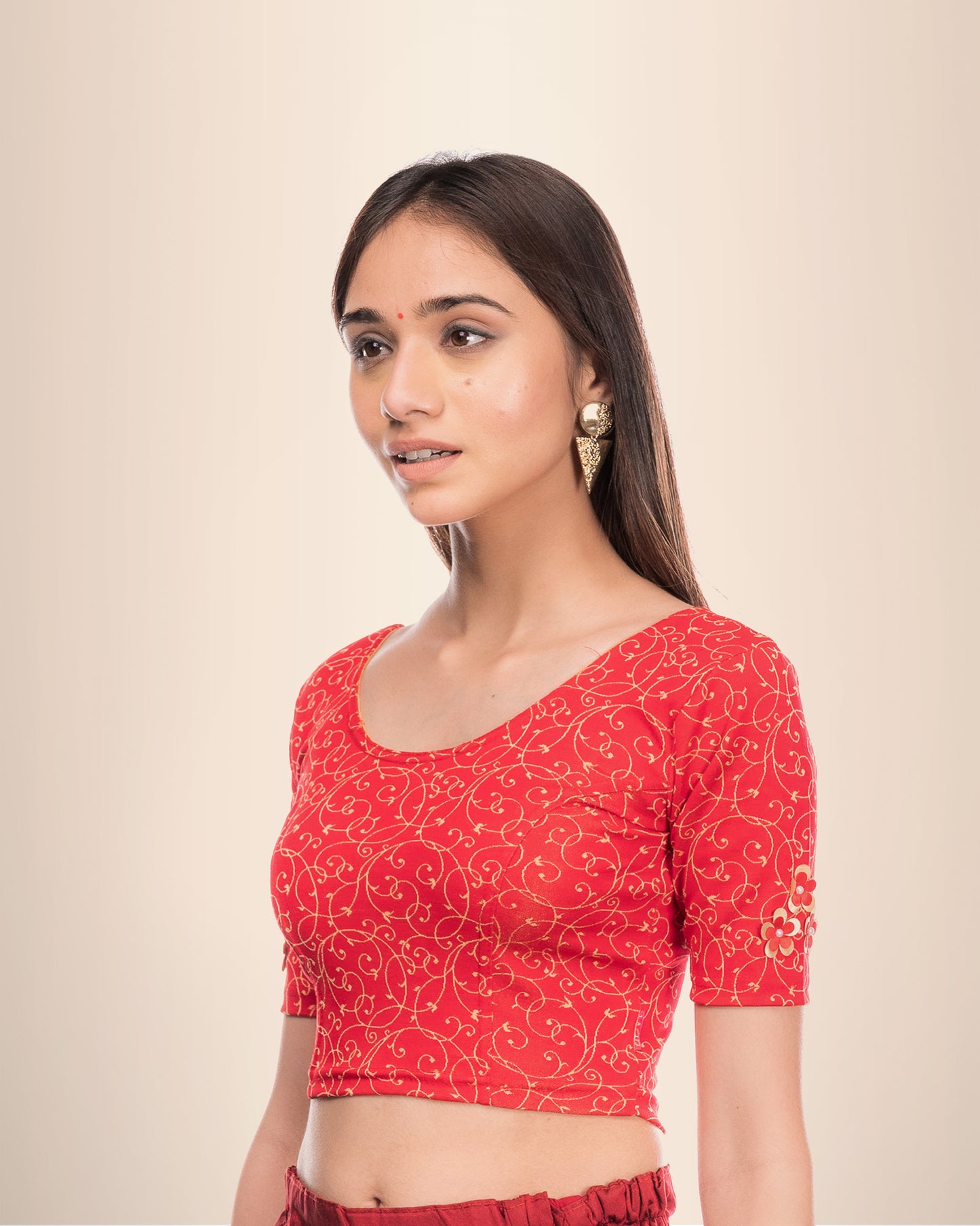 Taru Red Floral Applique Jacquard Blouse with Boat Neck by Advi