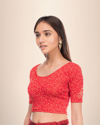 Taru Red Floral Applique Jacquard Blouse with Boat Neck by Advi