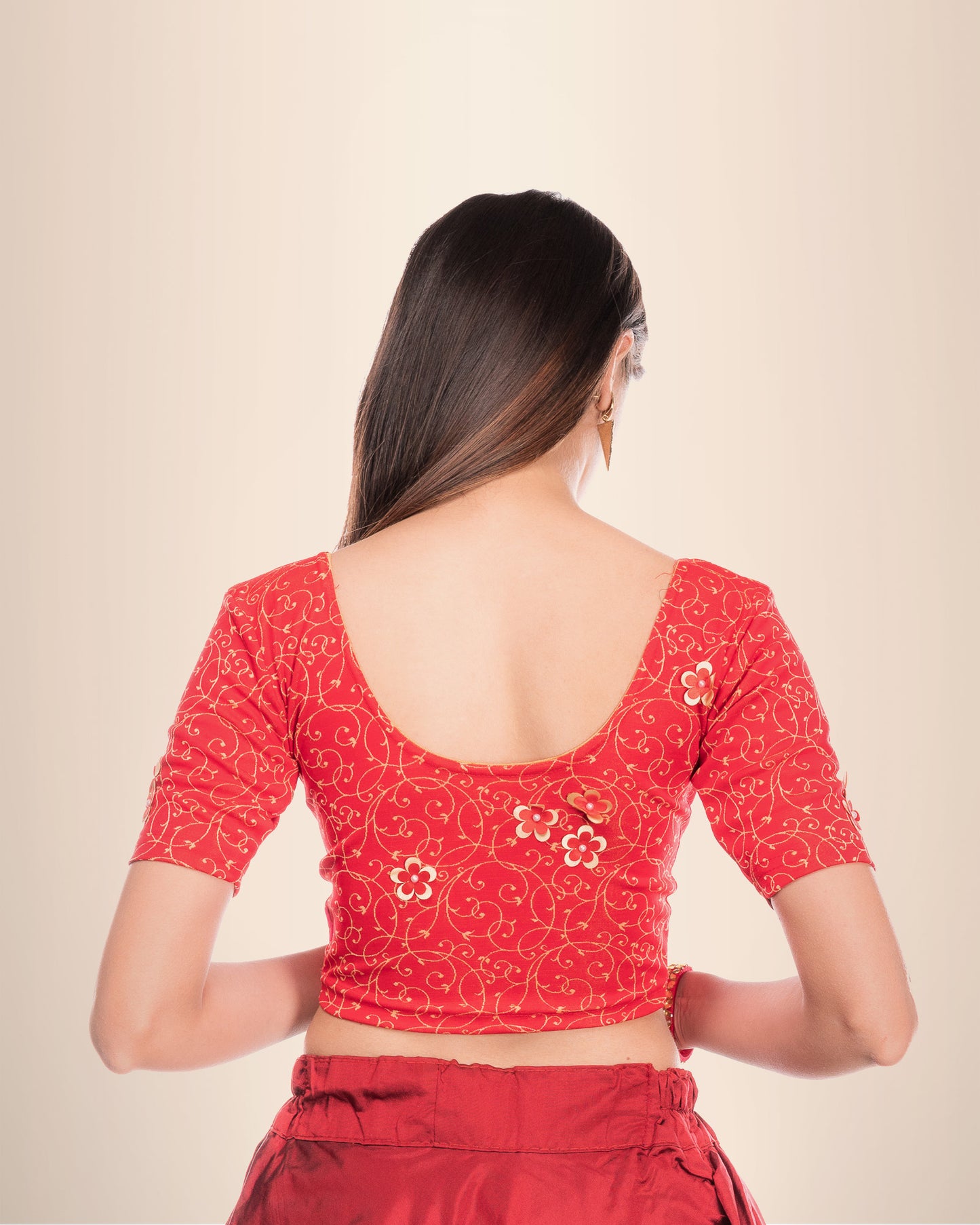 Taru Red Floral Applique Jacquard Blouse with Boat Neck by Advi