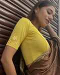 Taru Yellow Applique Flower Jacquard Blouse with Boat Neck Advi