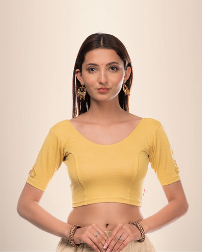 Taru Yellow Applique Flower Jacquard Blouse with Boat Neck Advi