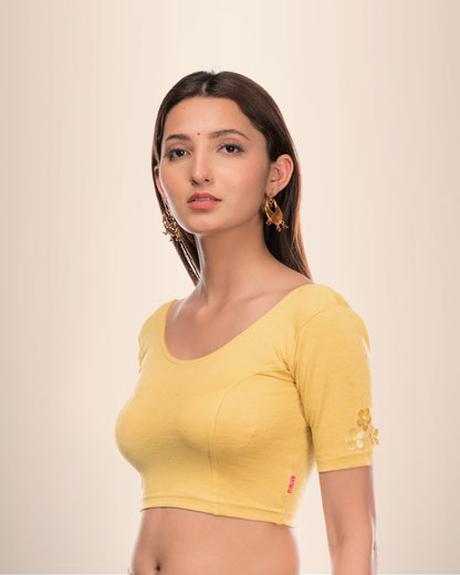 Taru Yellow Applique Flower Jacquard Blouse with Boat Neck Advi