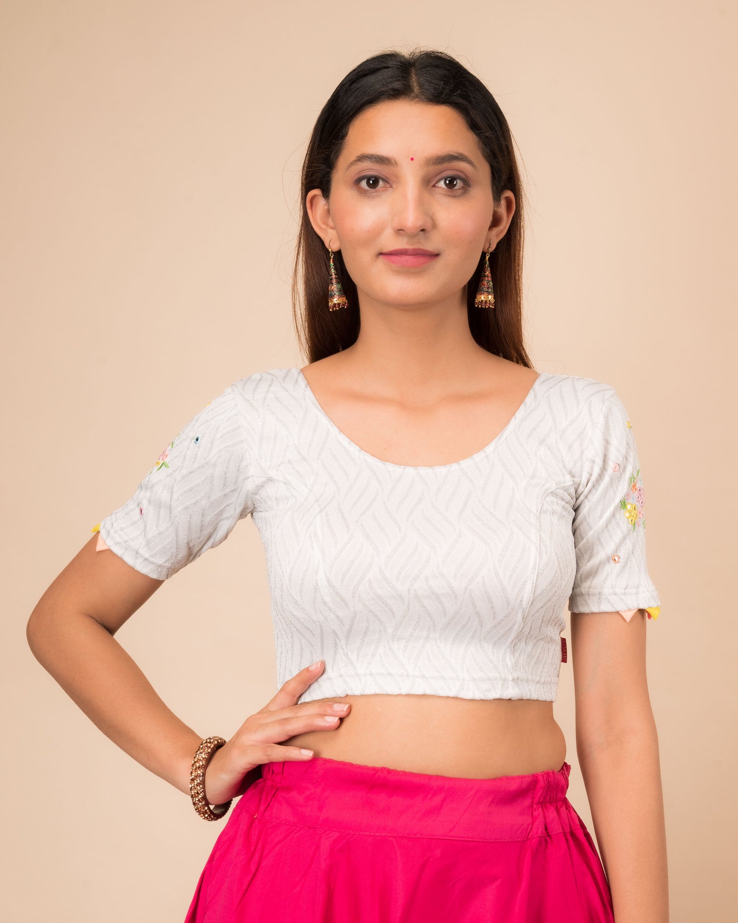 Kinjal Silver Mirror Work Embroidery Stretchable Slip On Blouse By Advi
