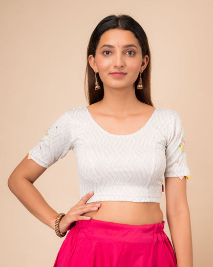 Kinjal Silver Mirror Work Embroidery Stretchable Slip On Blouse By Advi
