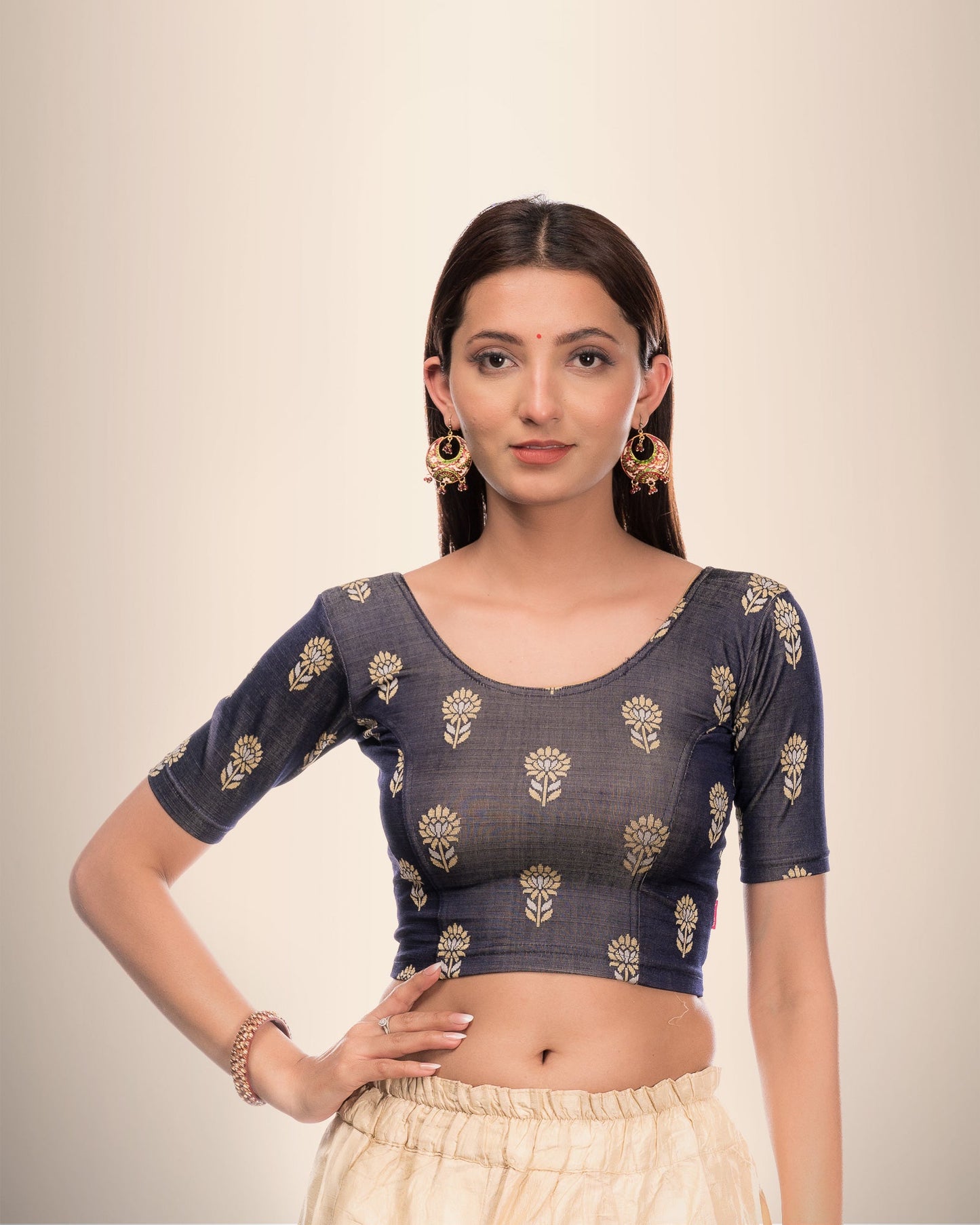 Phool Gray & Gold Butis Zari Stretchable Slip On Blouse