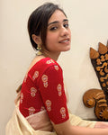 Phool Red Gray & Gold Zari Butis Blouse with Boat Neck and Puff Sleeves