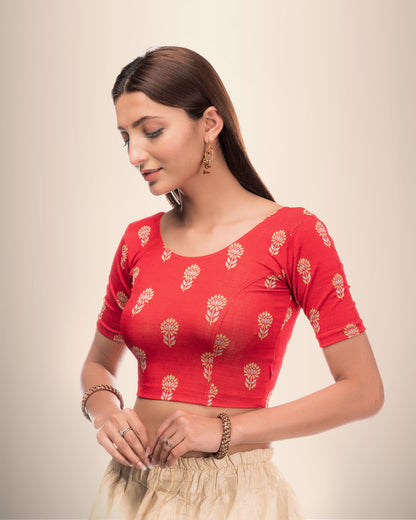 Phool Red Gray & Gold Zari Butis Blouse with Boat Neck and Puff Sleeves