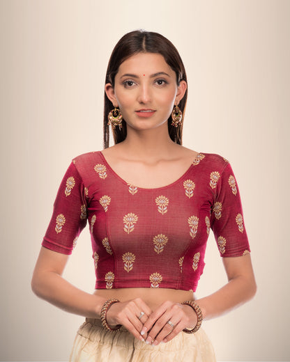Phool Maroon Gray & Gold Buti Blouse with Boat Neck and Elbow Sleeves