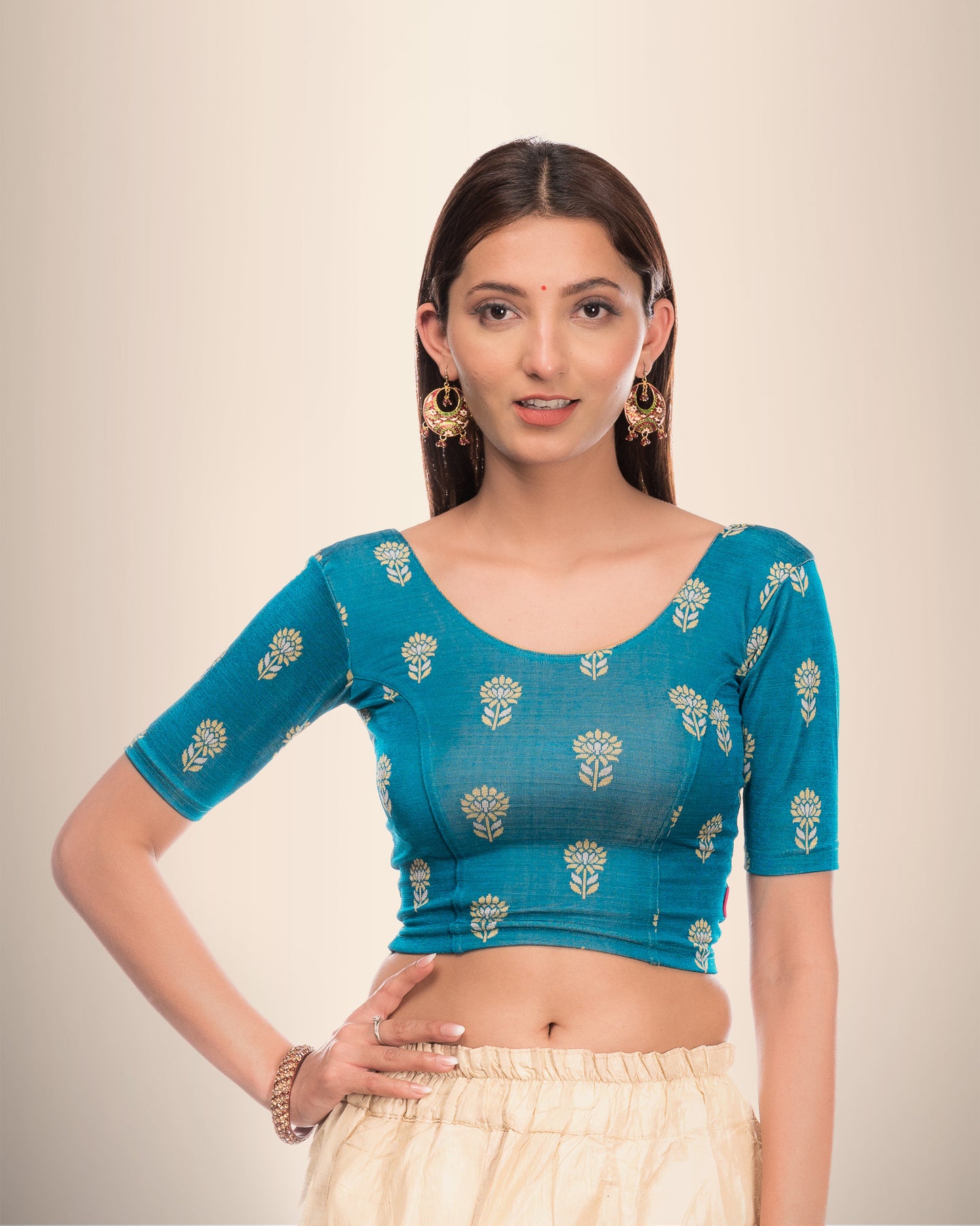 Phool Gray & Gold Butis Zari Stretchable Slip On Blouse