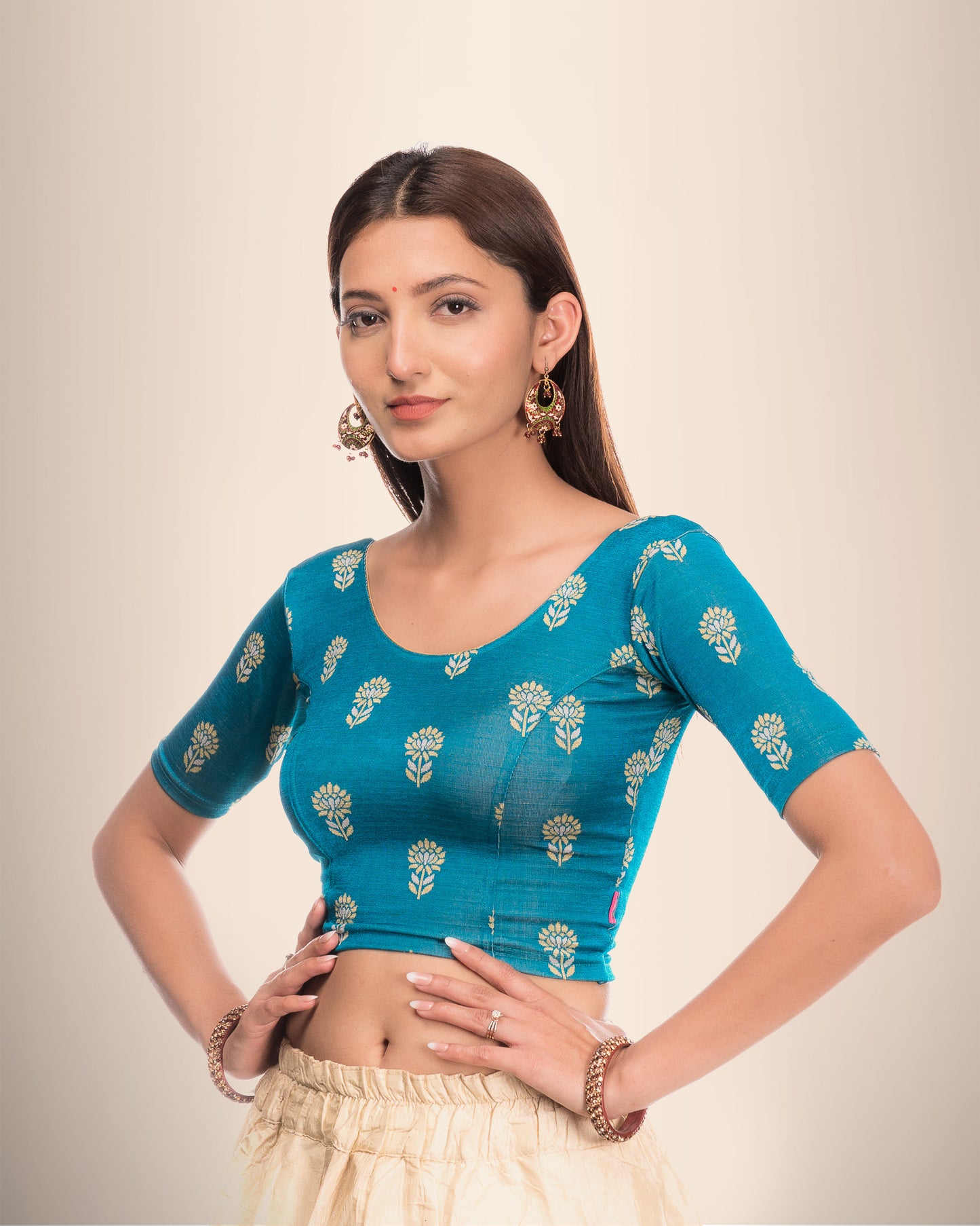 Phool Gray & Gold Butis Zari Stretchable Slip On Blouse