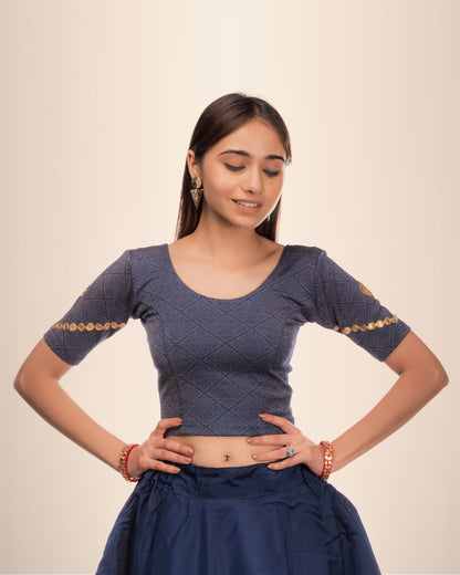 Nutan Navy Gota Patti Embellished Blouse with Stretchable Fit by Advi