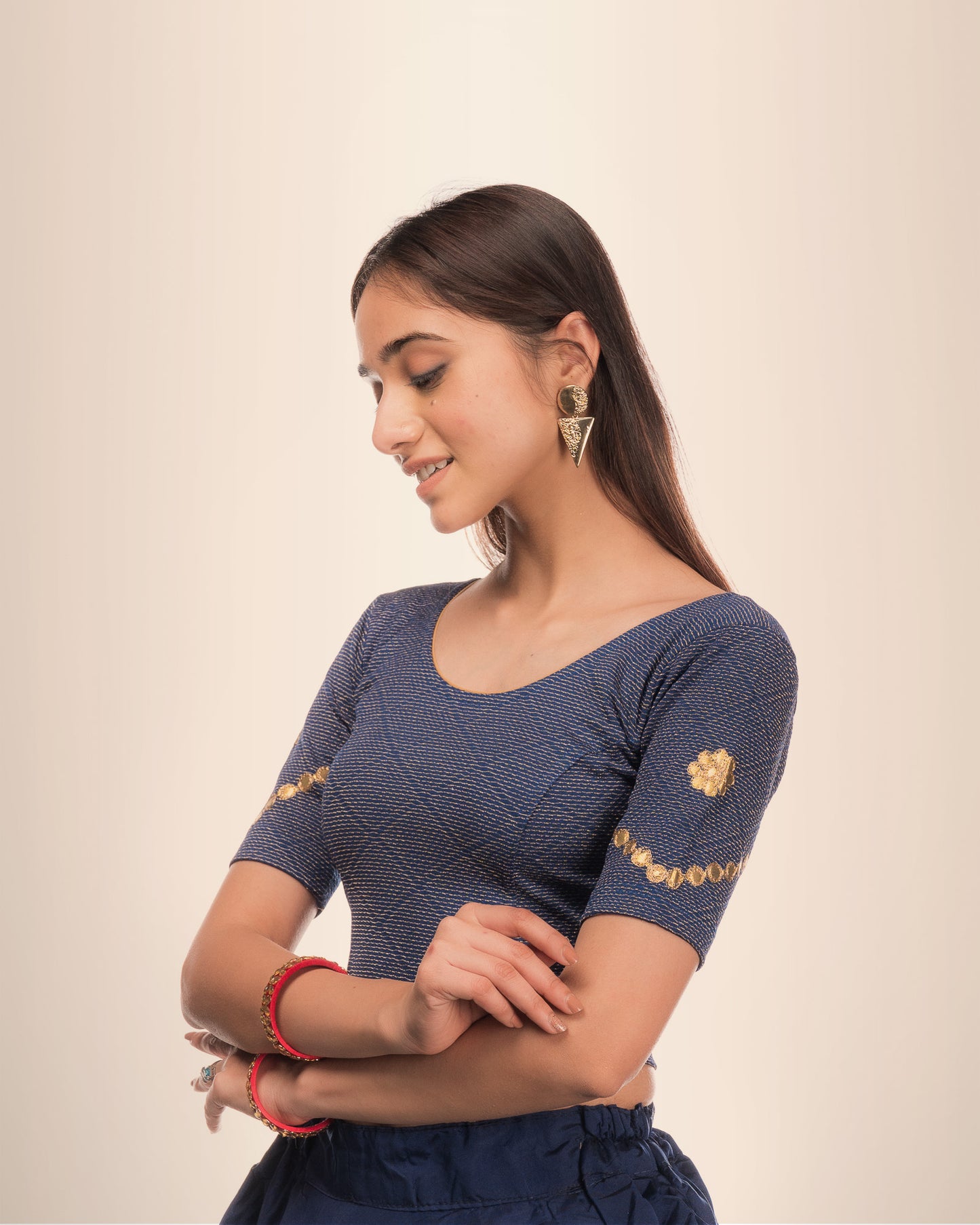 Nutan Navy Gota Patti Embellished Blouse with Stretchable Fit by Advi