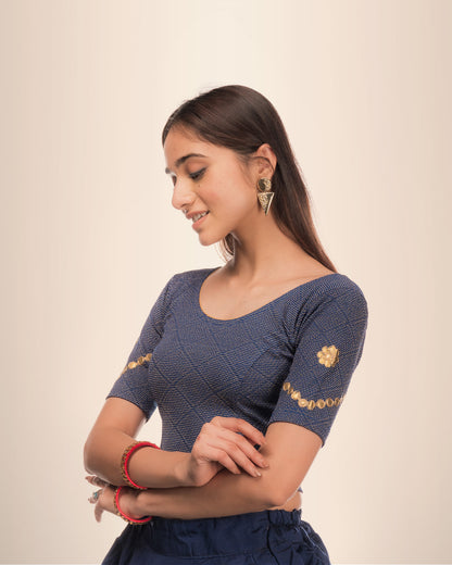 Nutan Navy Gota Patti Embellished Blouse with Stretchable Fit by Advi