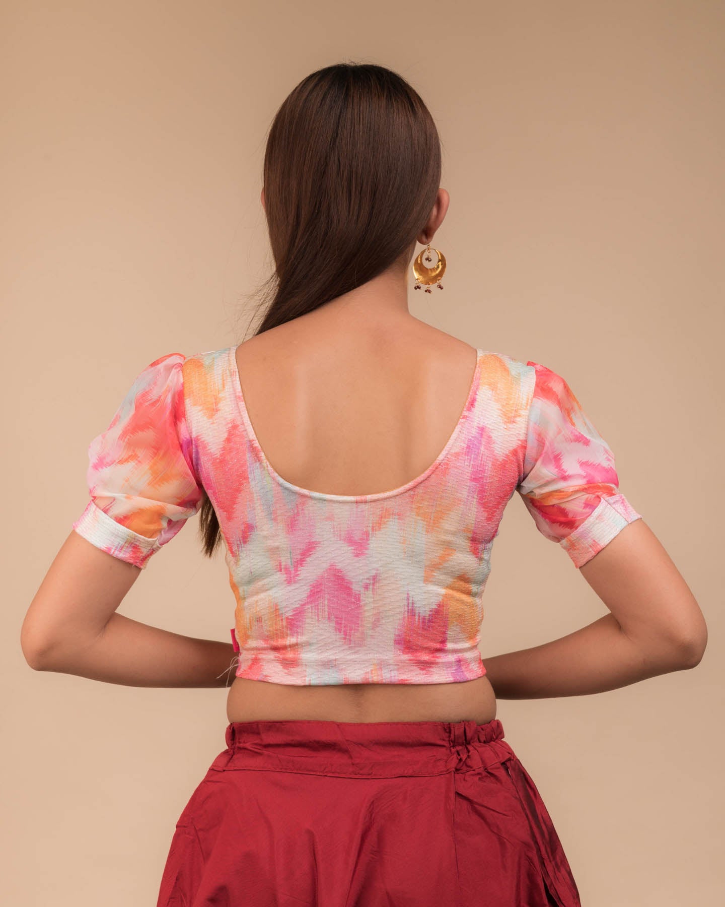Kyaari Bright Multi Print Lycra Blouse with Organza Sleeves by Advi