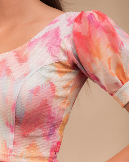 Kyaari Bright Multi Print Lycra Blouse with Organza Sleeves by Advi