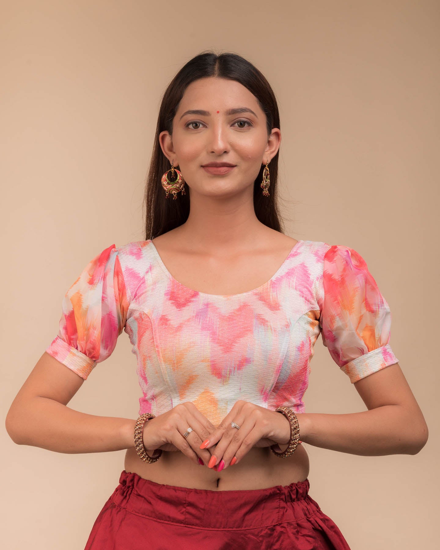 Kyaari Bright Multi Print Lycra Blouse with Organza Sleeves by Advi
