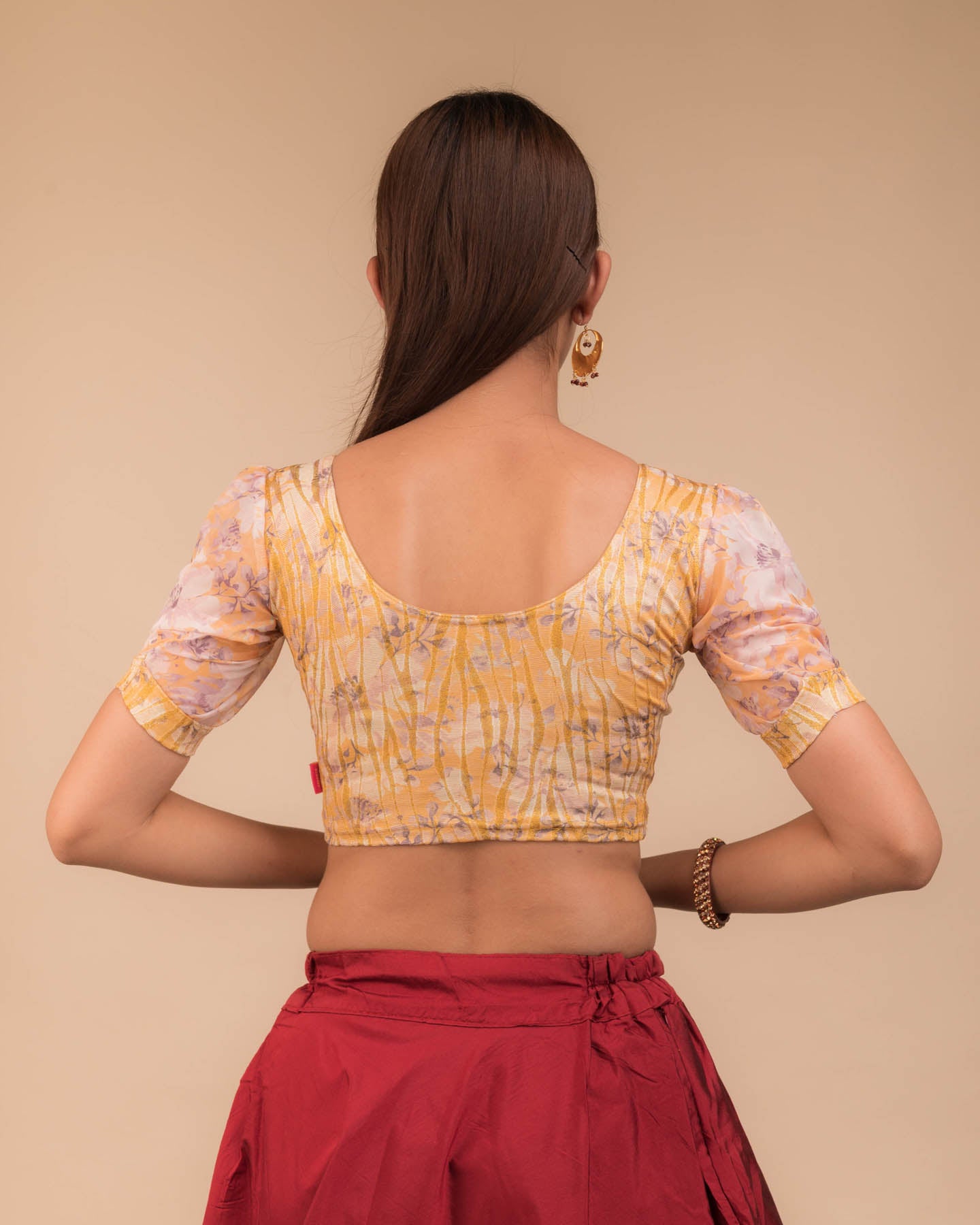 Kyaari Yellow Organza Puff Sleeve Blouse with Gold Print by Advi