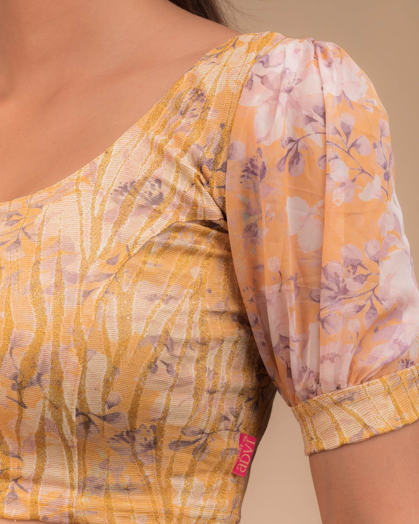 Kyaari Yellow Organza Puff Sleeve Blouse with Gold Print by Advi