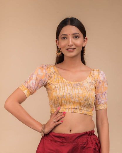 Kyaari Yellow Organza Puff Sleeve Blouse with Gold Print by Advi