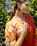 Kyaari Yellow Organza Puff Sleeve Blouse with Gold Print by Advi