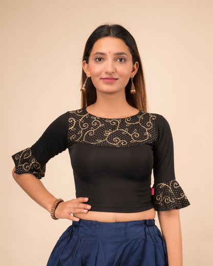 Aarya Black Embroidered Ruffle and Yoke Blouse with Gold Zari by Advi