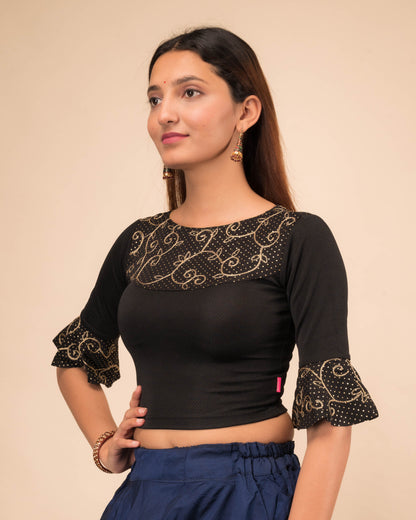 Aarya Black Embroidered Ruffle and Yoke Blouse with Gold Zari by Advi