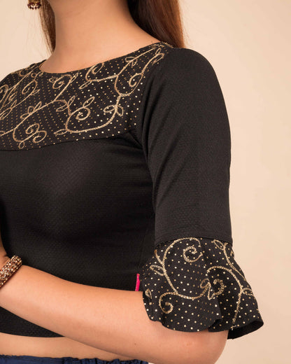 Aarya Black Embroidered Ruffle and Yoke Blouse with Gold Zari by Advi