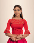 Aarya Red Boatneck Blouse with Zari Embroidery on Yoke and Ruffles by Advi