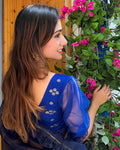 Kaanchi Navy Gold Print Blouse with Stretchable Organza Sleeves by Advi