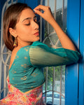 Kaanchi Gold Print Rama Green Organza Sleeves Stretchable Slip On Blouse