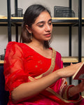 Kaanchi Red Gold Print Stretchable Blouse with Organza Elbow Sleeves by Advi