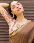 Rasiya Coffee Velvet Blouse with Dori Style Back and Gold Print by Advi