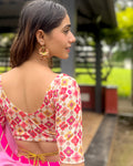Rasiya Pink Flower Velvet Blouse with Gold Print and Dori Back by Advi
