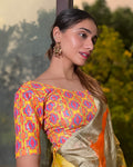Rasiya Yellow Velvet Blouse with Gold Print and Two Tie-Up Dori Back by Advi