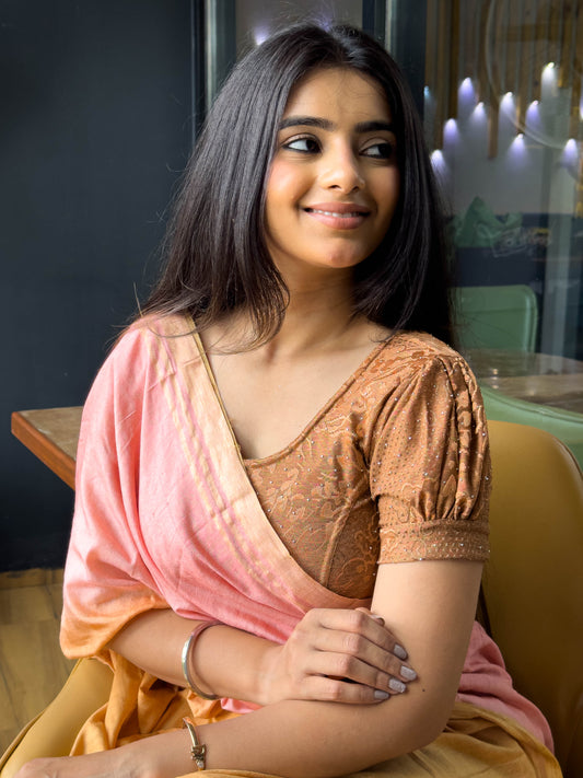 Mithila Metallic Brown Puff Sleeve Stretchable Saree Blouse Advi