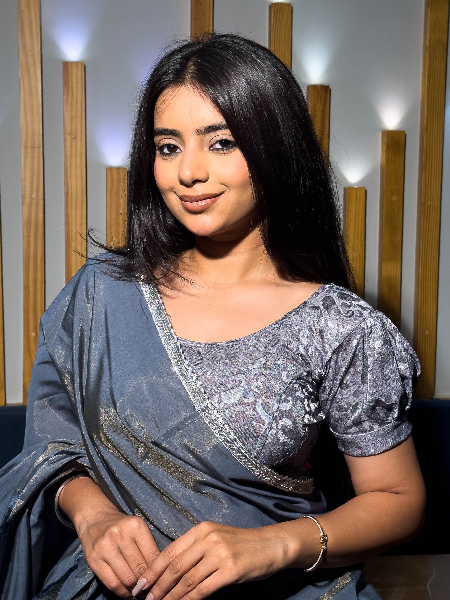 Mithila Metallic Dark Gray Puff Sleeve Stretchable Saree Blouse Advi