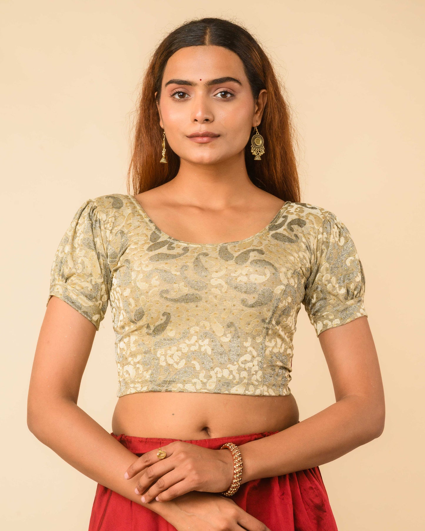 Mithila Metallic Cream Gold Puff Sleeve Stretchable Saree Blouse Advi