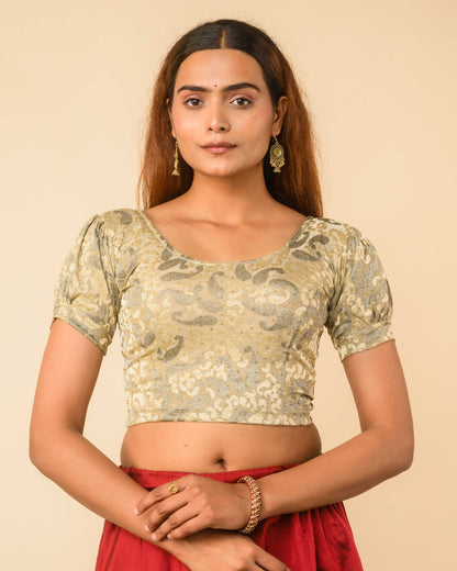 Mithila Metallic Cream Gold Puff Sleeve Stretchable Saree Blouse Advi