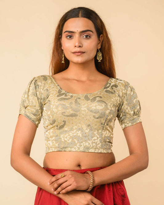 Mithila Metallic Cream Gold Puff Sleeve Stretchable Saree Blouse Advi