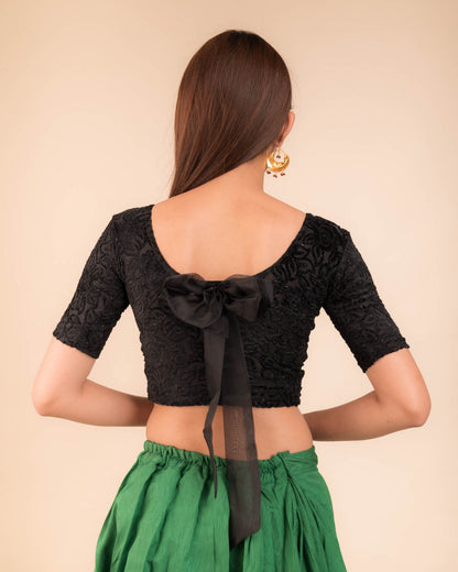 Gulshan Velvet Rose Organza Bow Stretchable Slip On Blouse