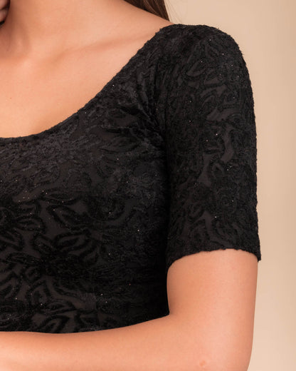 Gulshan Velvet Rose Organza Bow Stretchable Slip On Blouse