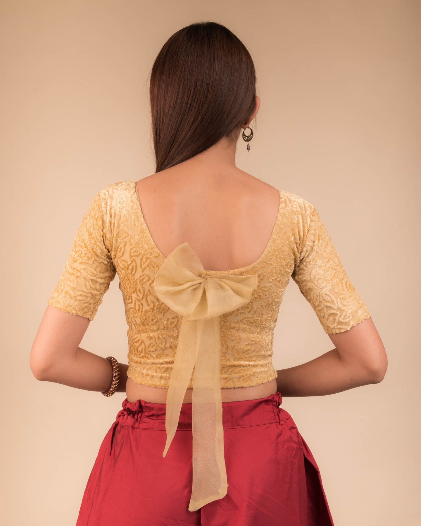 Gulshan Gold Soft Velvet Blouse with Voluminous Organza Bows Back by Advi