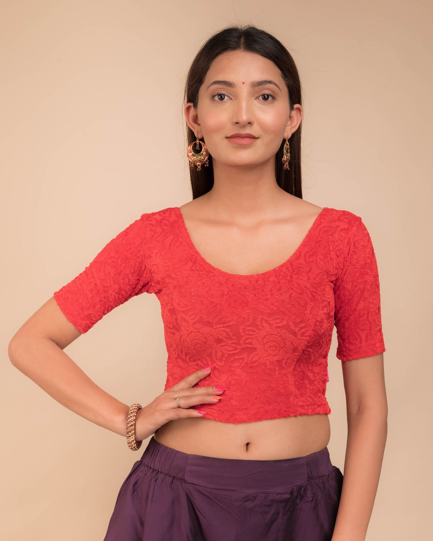 Gulshan Red Embellished Velvet Blouse with Organza Potli Bows by Advi